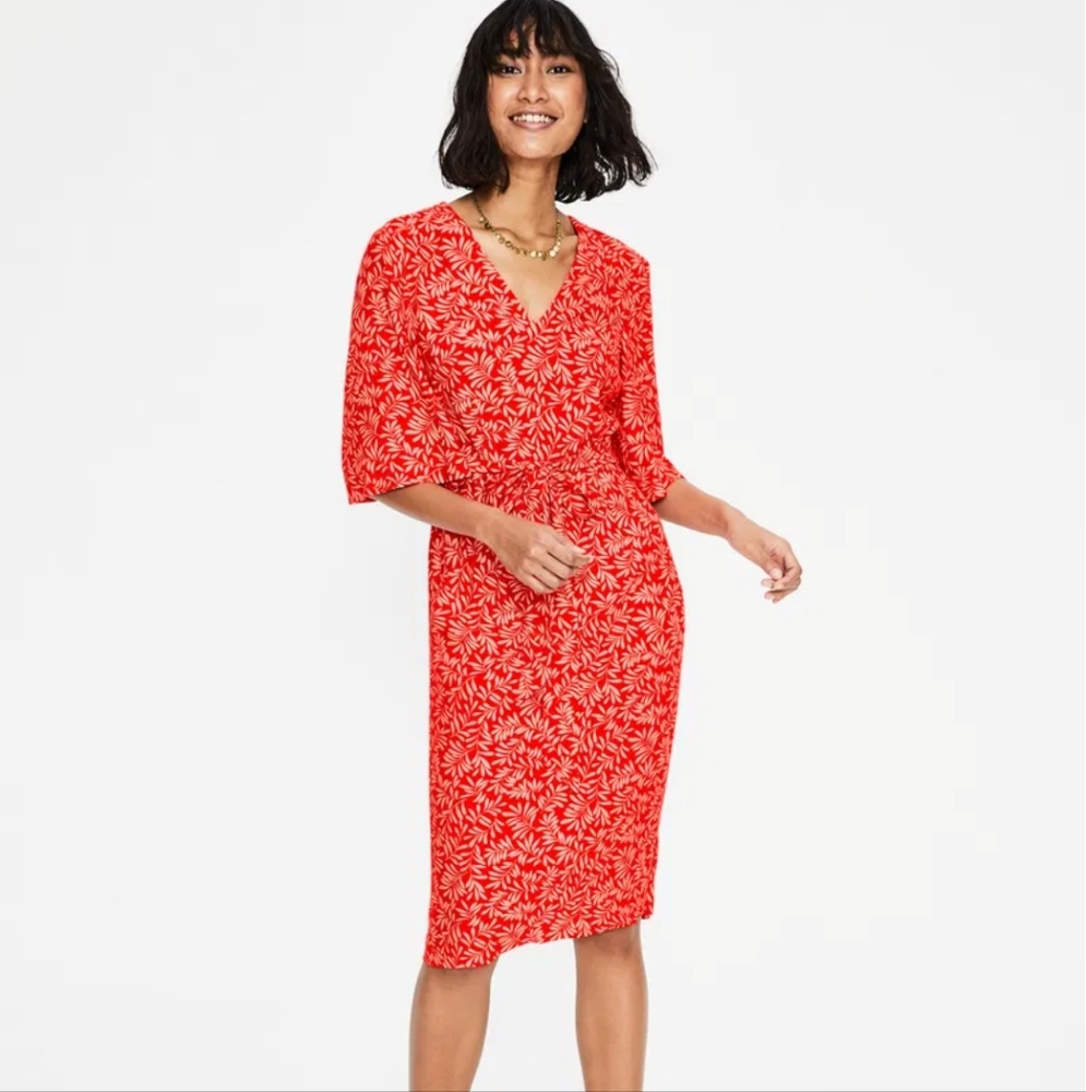 Boden Ines Red and White Leaf Print Midi Dress